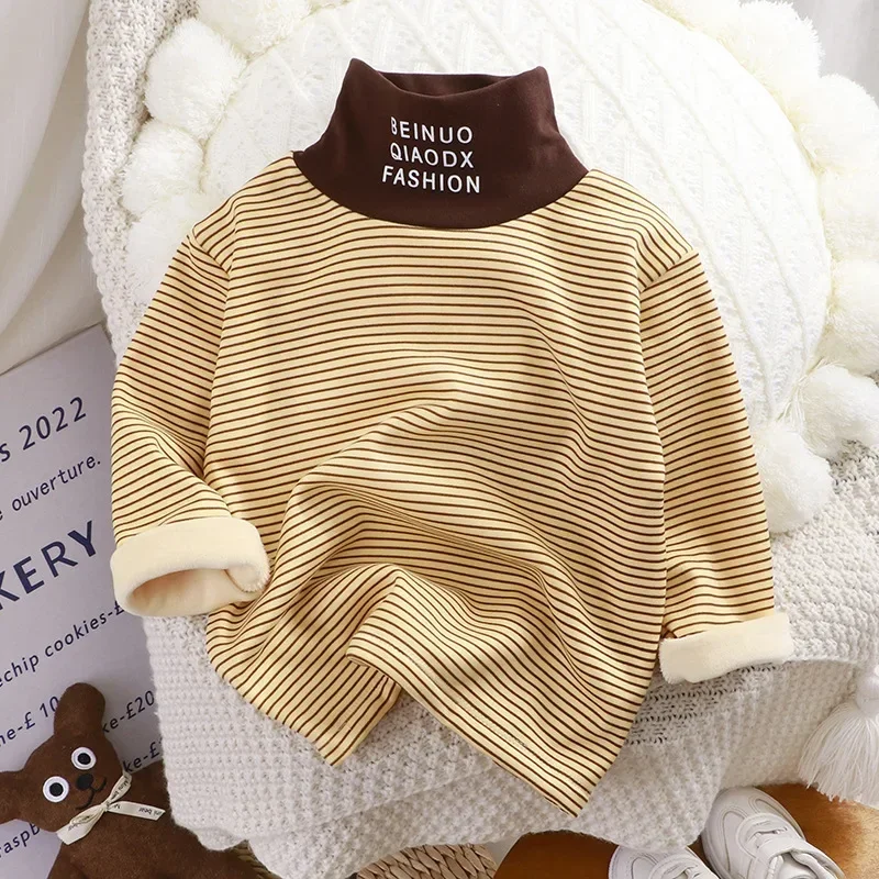 New Autumn Winter Baby Boys Girls Thicken Striped Long Sleeve T-shirt Tops Kids Children\'s Turtleneck Soft Warm Bottoming Shirt