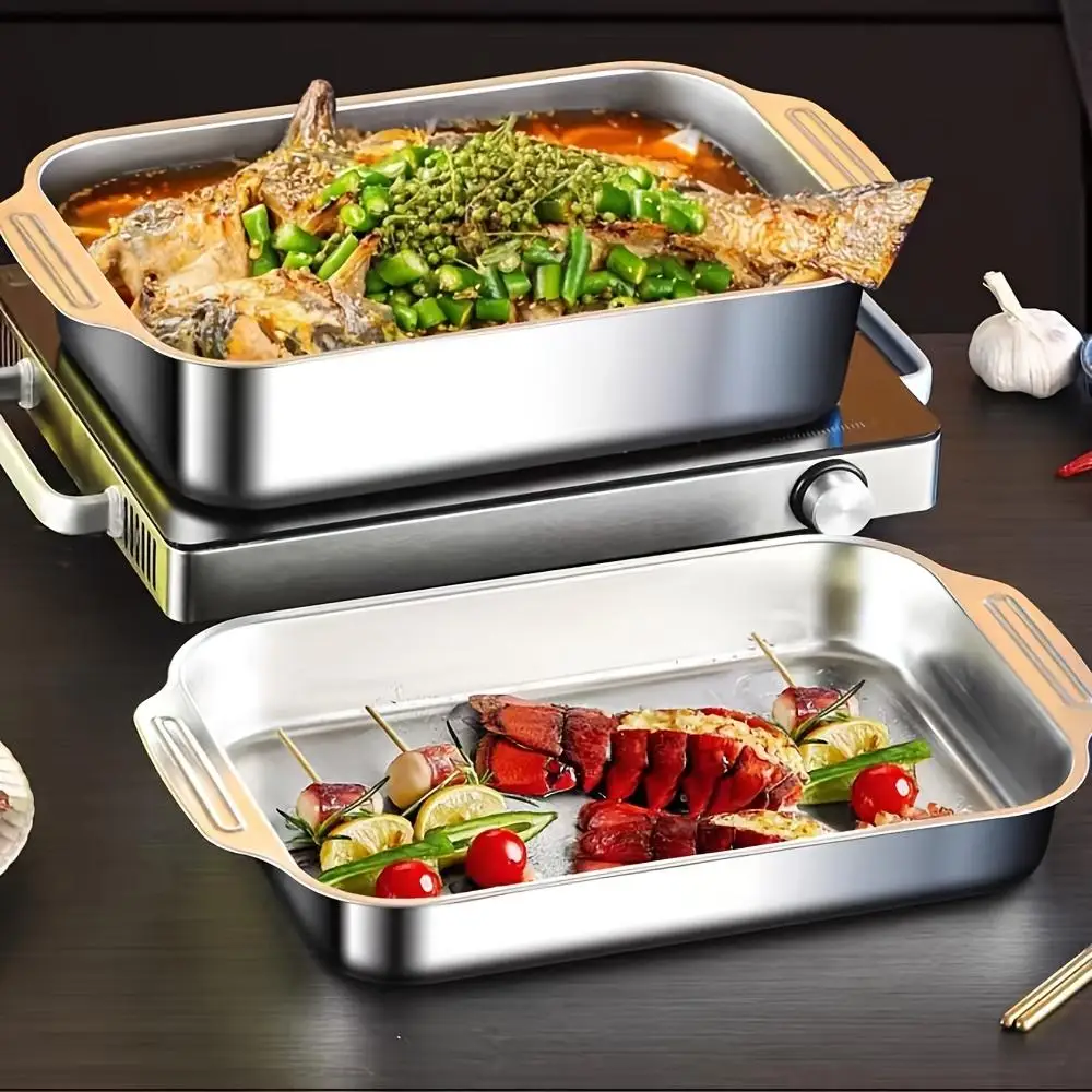 3-Piece Stainless Steel Baking Tray Set Multi-Purpose BBQ Platters Deep And Thickened Durable Non-Stick Easy to Clean for Party
