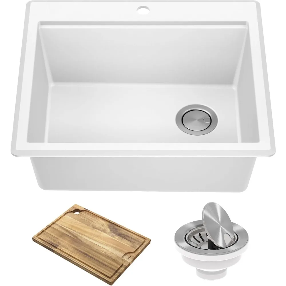 25-inch Granite Workstation Drop In Top Mount Single Bowl Kitchen Sink in White with Accessories