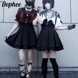 Dophee Original Diamonds Bow Cross Lace Sailor Collar Short Sleeve Shirt Elegant Lolita Top Gothic Black A-line Short Skirt