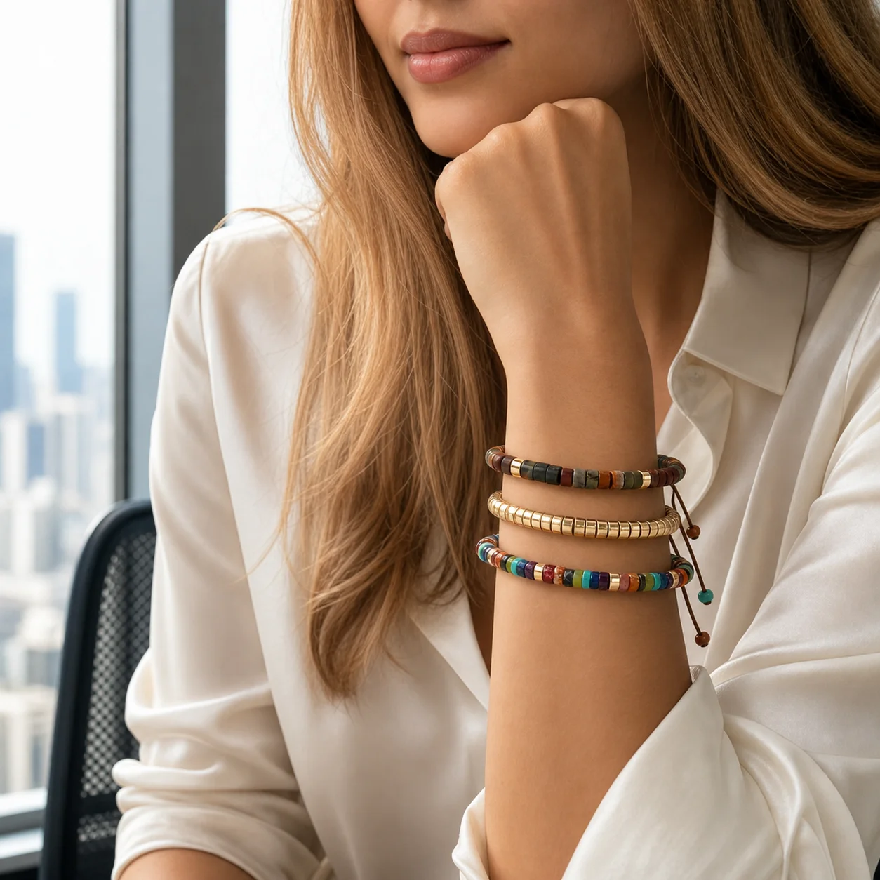 3pcs Bohemian Semi Precious Stone Layered Beaded String Bracelet Multicolor Round Bead Adjustable Tie Closure for Women Men