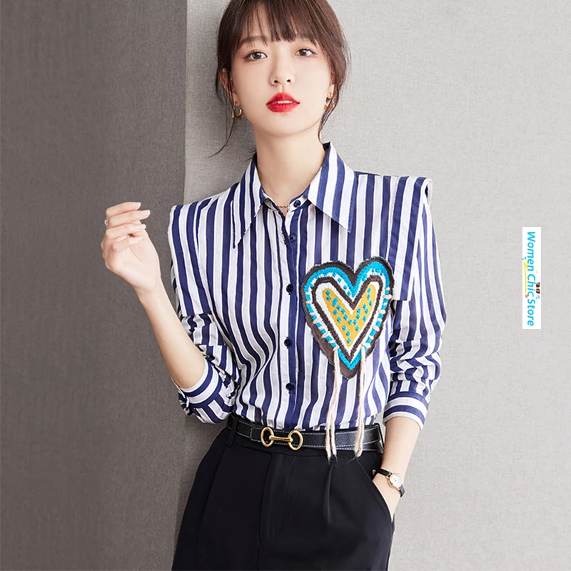 

Women Chic Long Sleeve Patchwork Stripe Shirt Tops Spring Autumn Female Elegant Slim Fit Casual Blouse Camisas De Mujer B2650