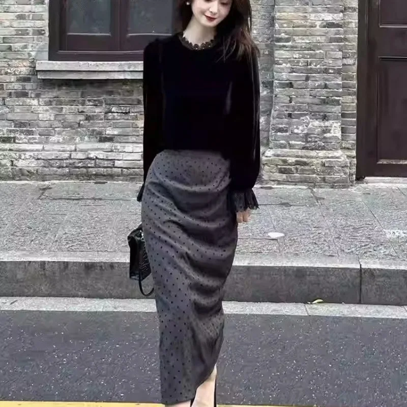 

Кружевной воротник, золотой бархатный низ с длинными рукавами, осенняя новая женская рубашка, темпераментный топ для похудения