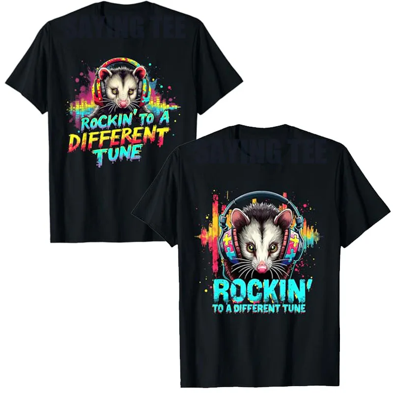 Camiseta divertida para fanáticos del Possum Rockin' To A Different Tune, camiseta artística de Possum, gráfico de concienciación sobre el autismo Y2k, camiseta con frase de música Rock y Hip Hop