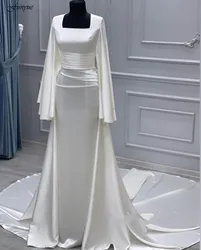 Funyue Square Neck Simple Muslim Wedding Dresses for Woman Bride Trumpet Court Train Satin Long Sleeves Ivory Bridal Gowns 2024