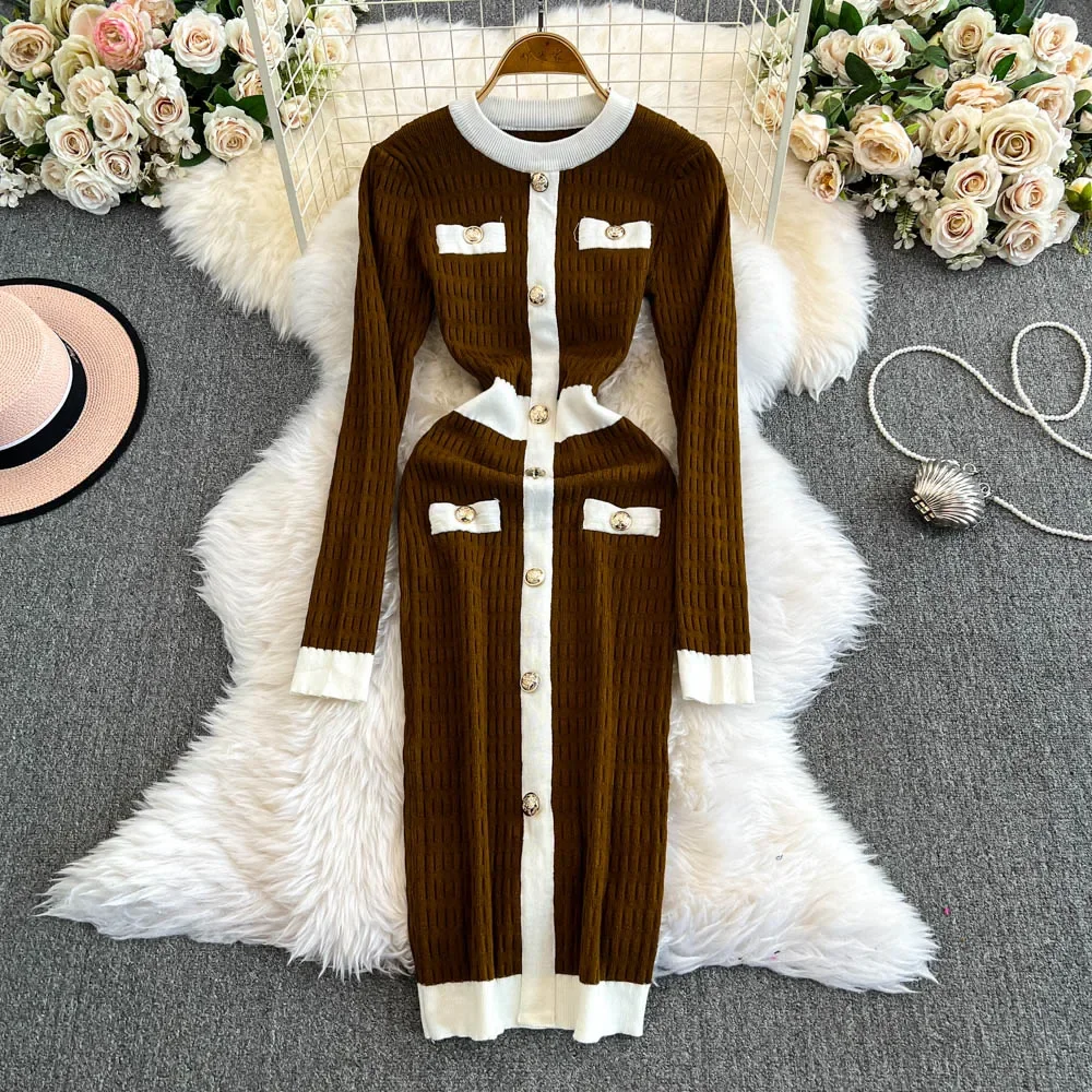 Chic O-neck Elegant Long Sleeve Metal Buttons Slim Patchwork Knit Dress High Street Women Vintage Korean Autumn Winter Clothing