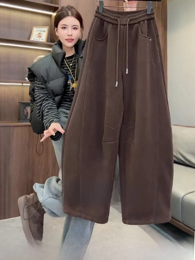 

High Waist Fleece Lined Coffee Brown Pants Women's Straight Leg Knife Cut Wide Leg Nine Point Pants Commute Style Pure Color