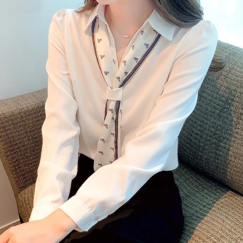 White Chiffon Shirt Tops Spring Autumn New Long Sleeve Polo Neck Solid Color Temperament Blouse Fashion Elegant Women Clothing