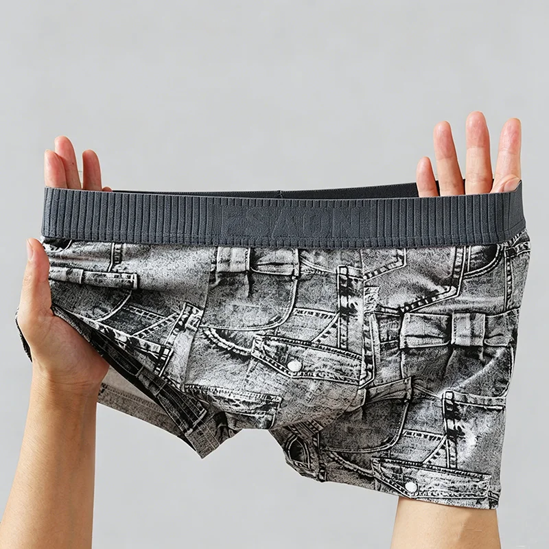 4PCS New Jean Printed Men's Underwear Cotton Sports Comfortable Breathable Youth Trend Personality Four-Corner Underwear