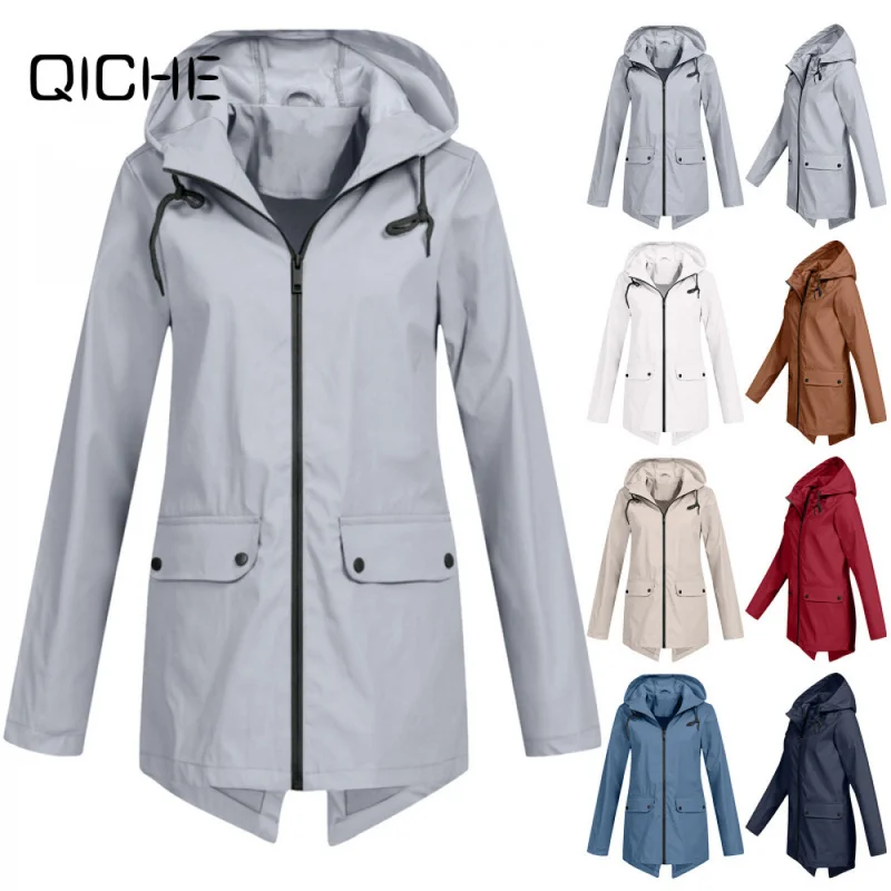 QICHE Ladies Thin Outdoor Windbreaker Lightweight Zip Hooded Windproof Jacket Casual Versatile Outerwear