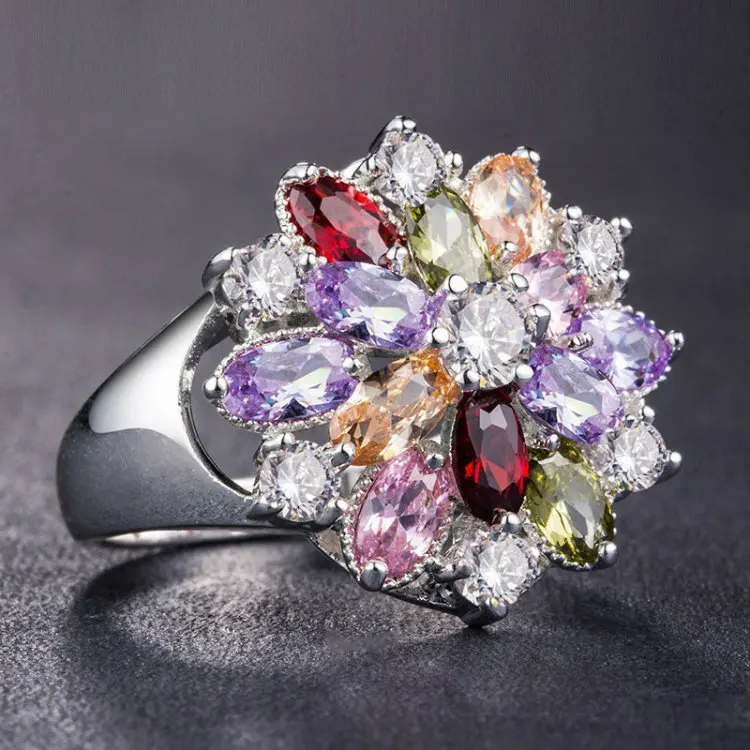 Europe and America Color Ring Zircon Ring Luxury Grand Lady Jewelry Flowers High Quality Shiny Jewelry Wholesale