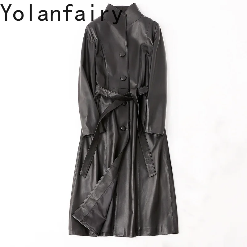 YOLANFAIRY-Jaqueta de pele de carneiro de couro genuíno feminina, trincheira longa casual com cinto, outwears slim fit, toda a temporada