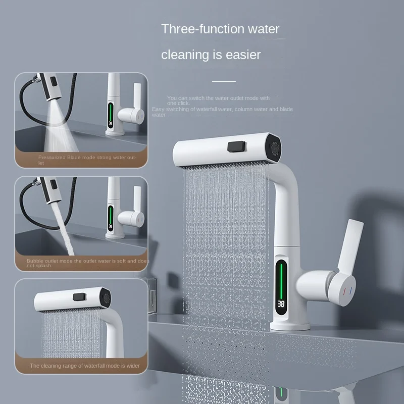 

Adjustable Multifunctional Pull-Out Waterfall Kitchen Faucets Rotatable Kitchen Sink Water Tap with Digital Display