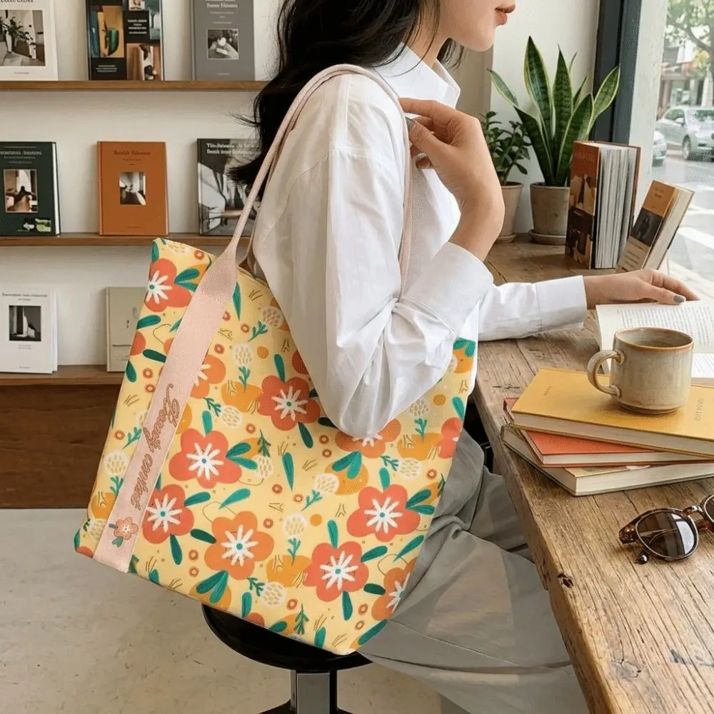 Cute Orange Flower Print Canvas Bag Reusable Lightweight Shoulder Bag Large Capacity Versatile Tote Bag Student