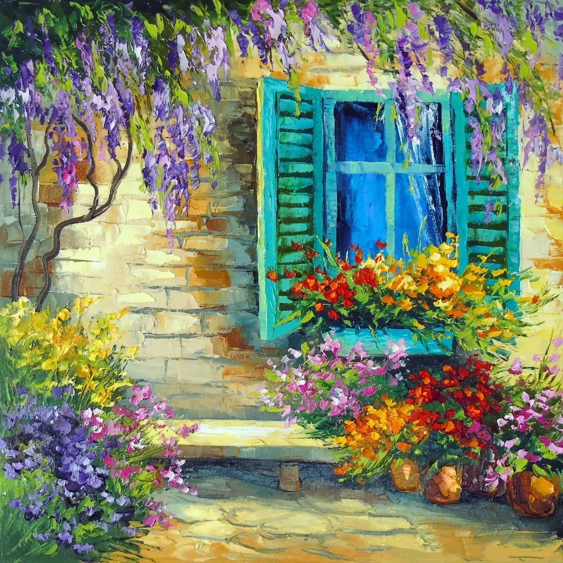 

Textured Flower Oil Painting on Canvas Palette Knife Art on Wall Wisteria at The Window Impressionistic Artwork Hand Painted