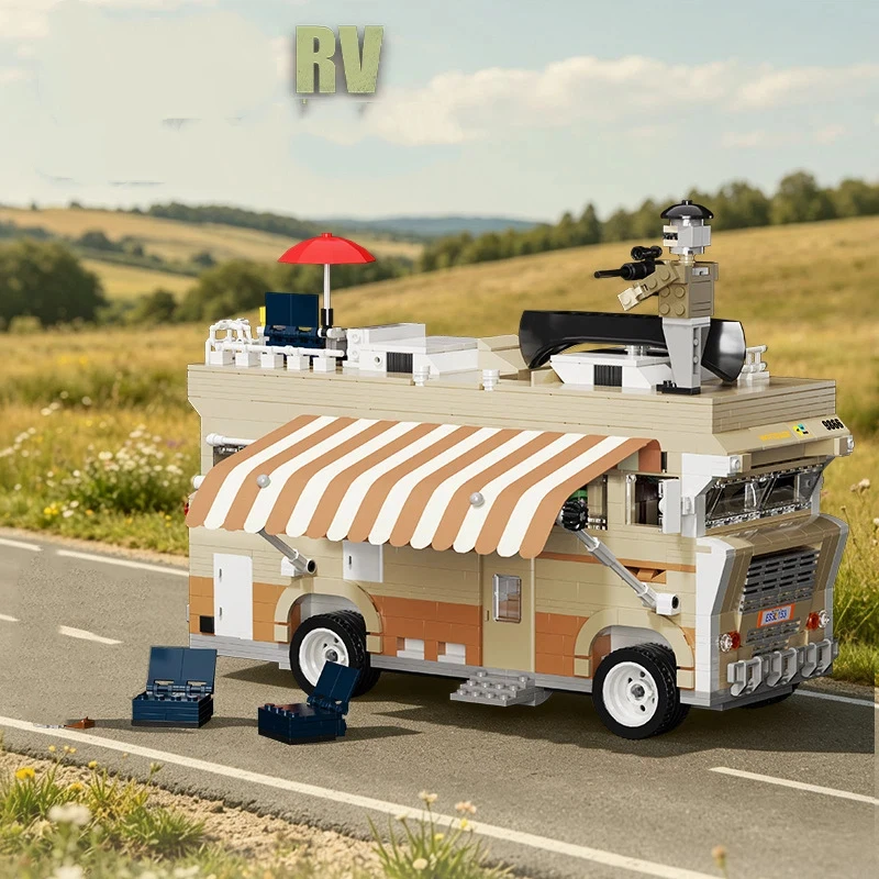 2142PCS MOC Creative Camper RV Building Block Open Door Pickup Truck Canvas Cart Camping Equipment Brick Toys DIY Christmas Gift
