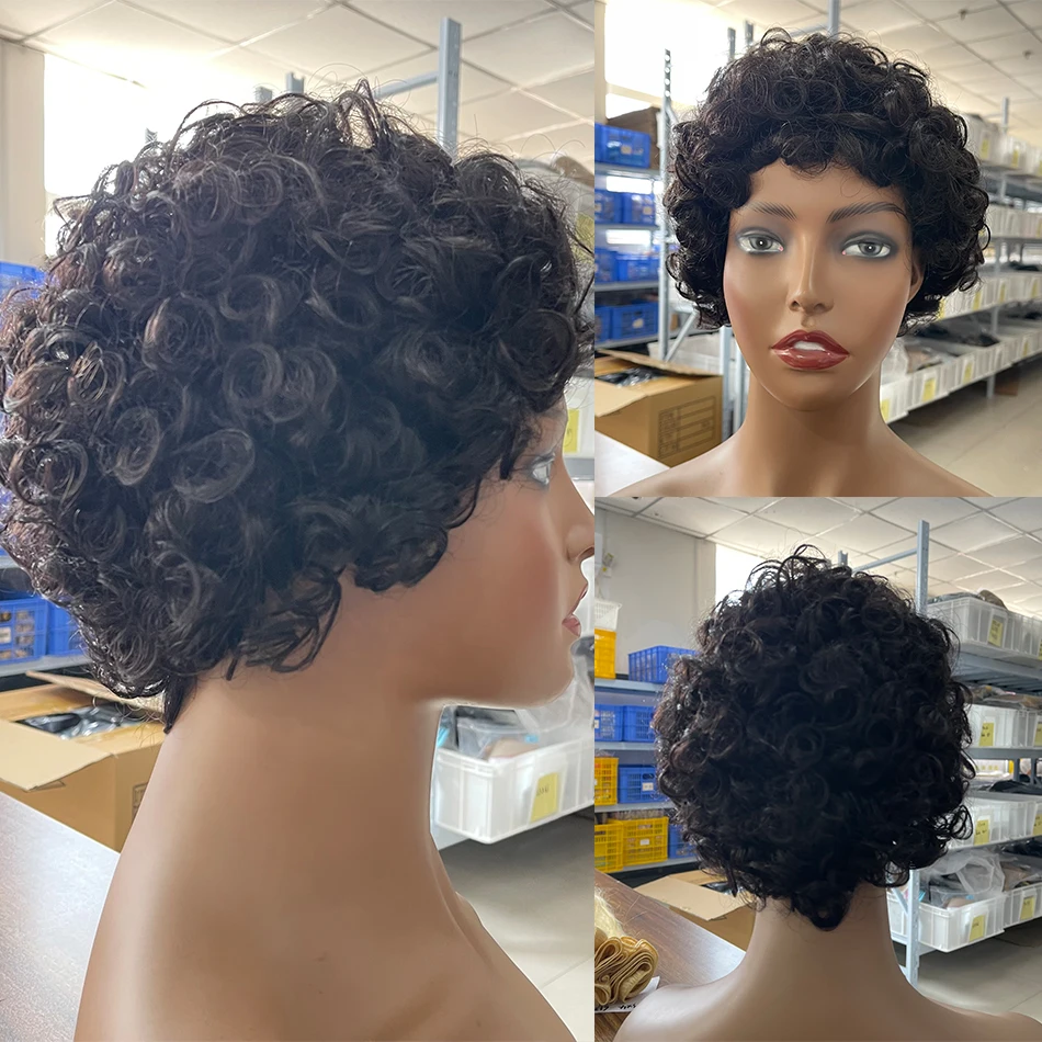 Curly Short Pixie Cut Wigs Human Hair 180% Density Water Wave Remy Malaysian Hair Wig Glueless Machine Made Wigs for Black Women