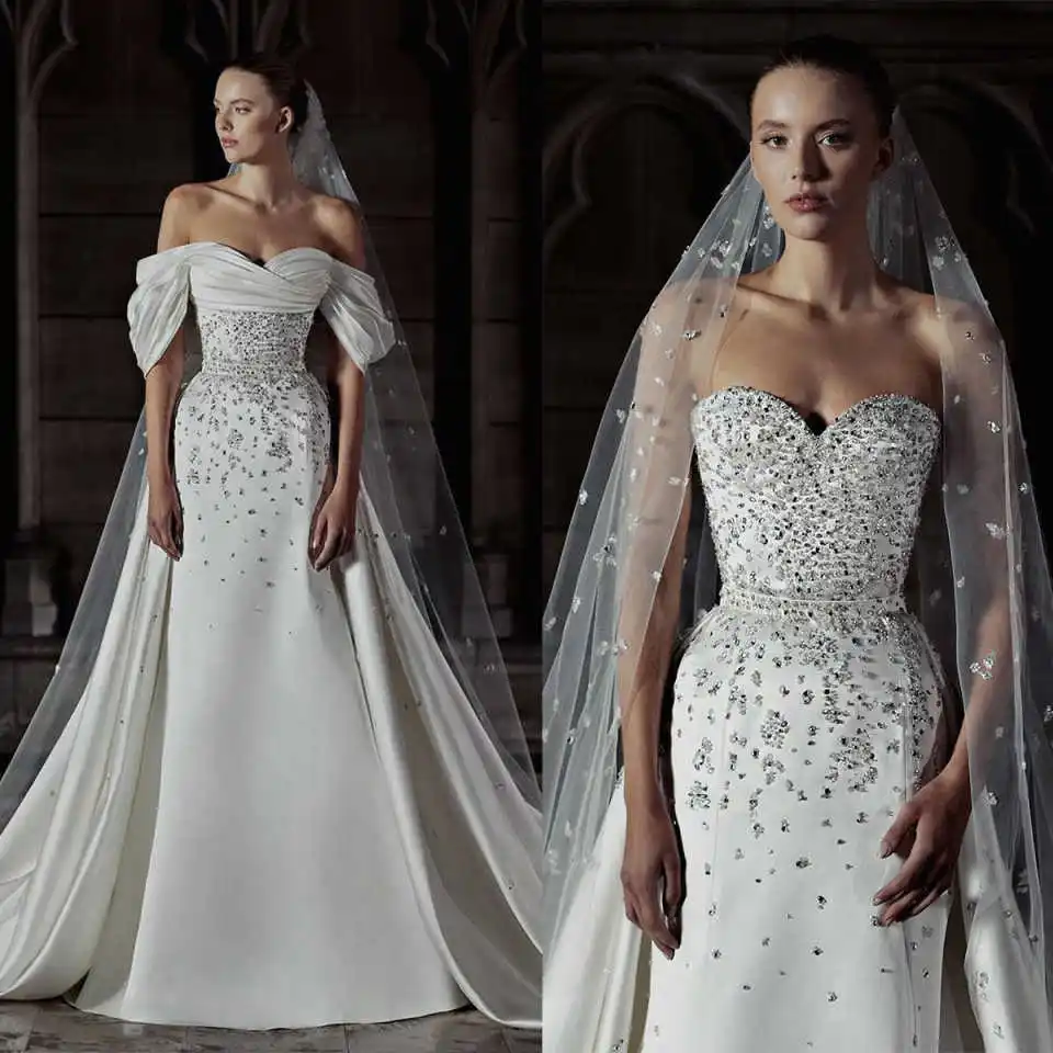 

Свадебные платья «Иллюзия»: фасон «русалка», без бретелек, с кристаллами и пайетками, без рукавов, со съемным шлейфом, свадебные платья на заказ (Vestido De Noiva)