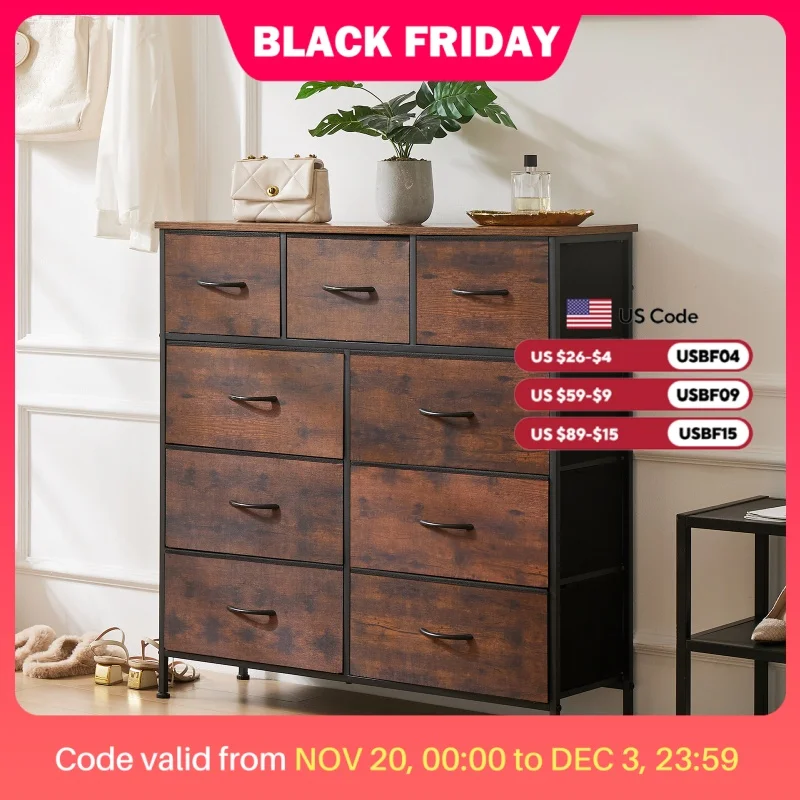 JHK Dresser For Bedroom With 9 Fabric Storage Drawer Wardrobe Tall Chest Organizer Closet  Kids Clothes Cabinet Furniture