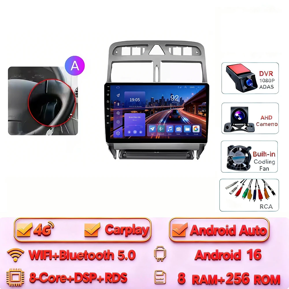 Android 16 Carplay Android Auto 2din Autoradio voor Peugeot 307 307CC 307 SW 2004-2013 4G WIFI GPS DSP BT Touchscreen Multimedia