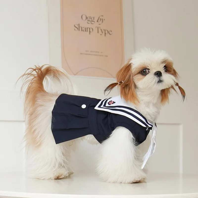 

Dog Navy Summer Clothes Sailor Suit Cute Sailor Dress for Bichon Frises and Schnauzers lightweight Breathable dog dress clothing