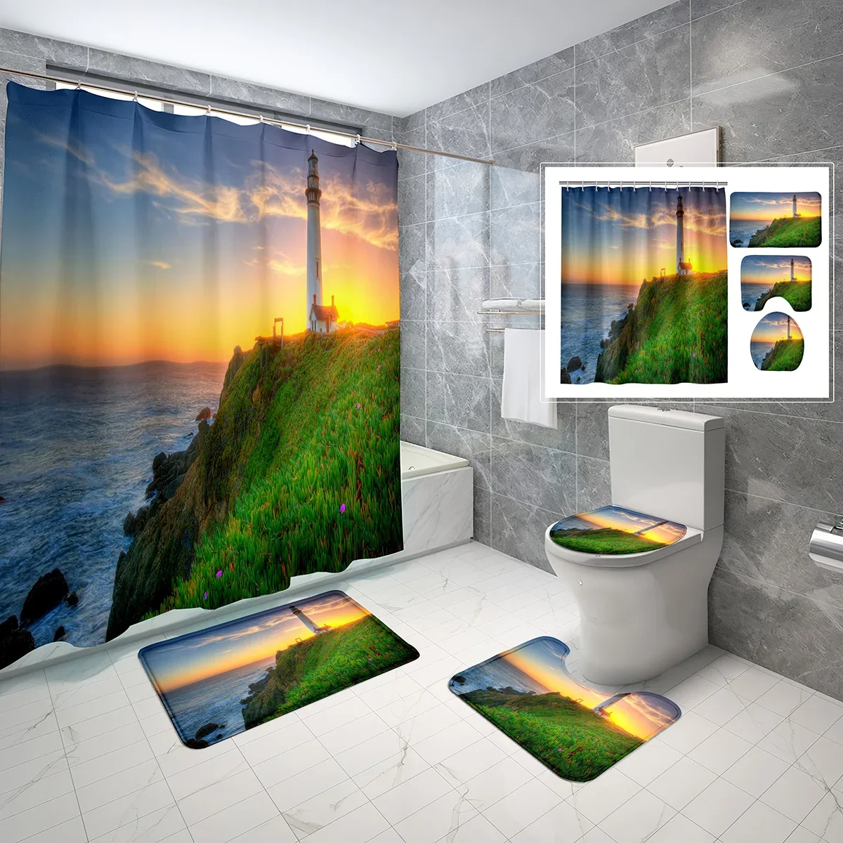 

Lighthouse Shower Curtain Sets 4 Pcs with Non-Slip Rugs,Toilet Lid Cover,Seaside Landscape Waterproof Decor Shower Curtain Set