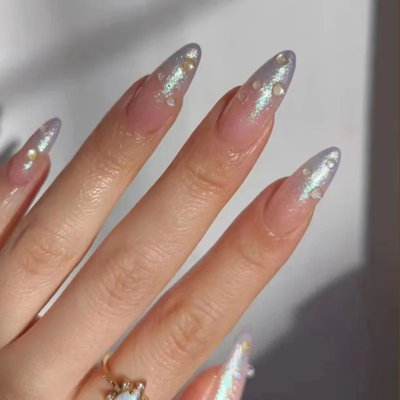 24pcs press on nails almond Aurora marble purple pink nails press ons full cover fake nails with glue acrylic false stick on