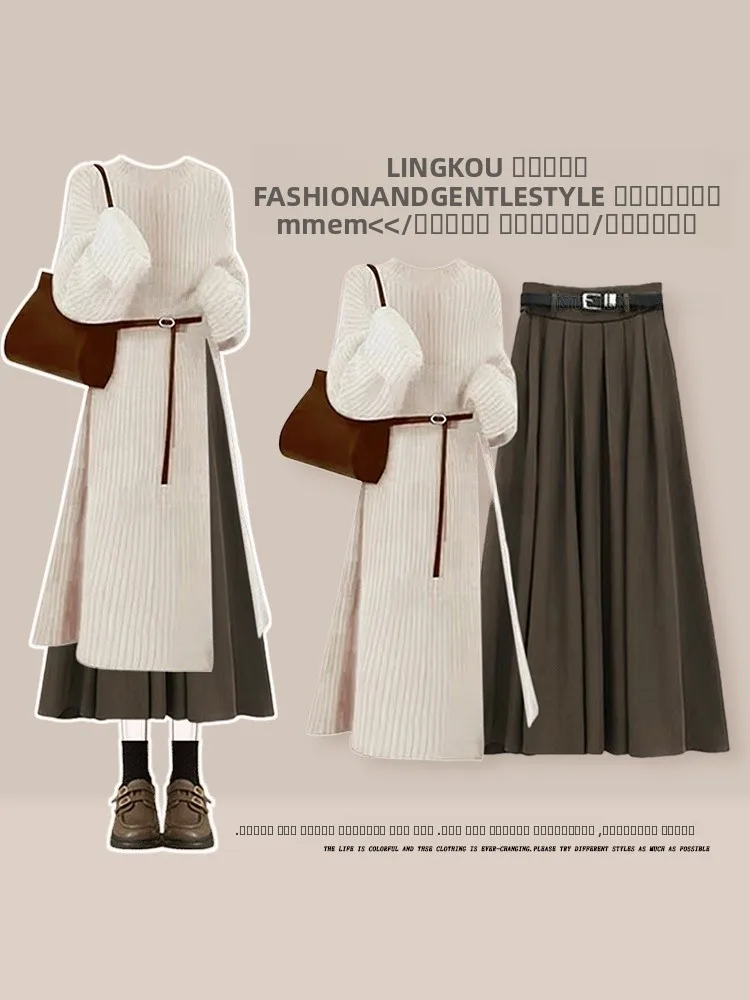 

Корейский женский комплект из вязаного свитера средней длины и юбки больших размеров, осенне-зимний, класса люкс, модный, стройнящий, с завышенной талией