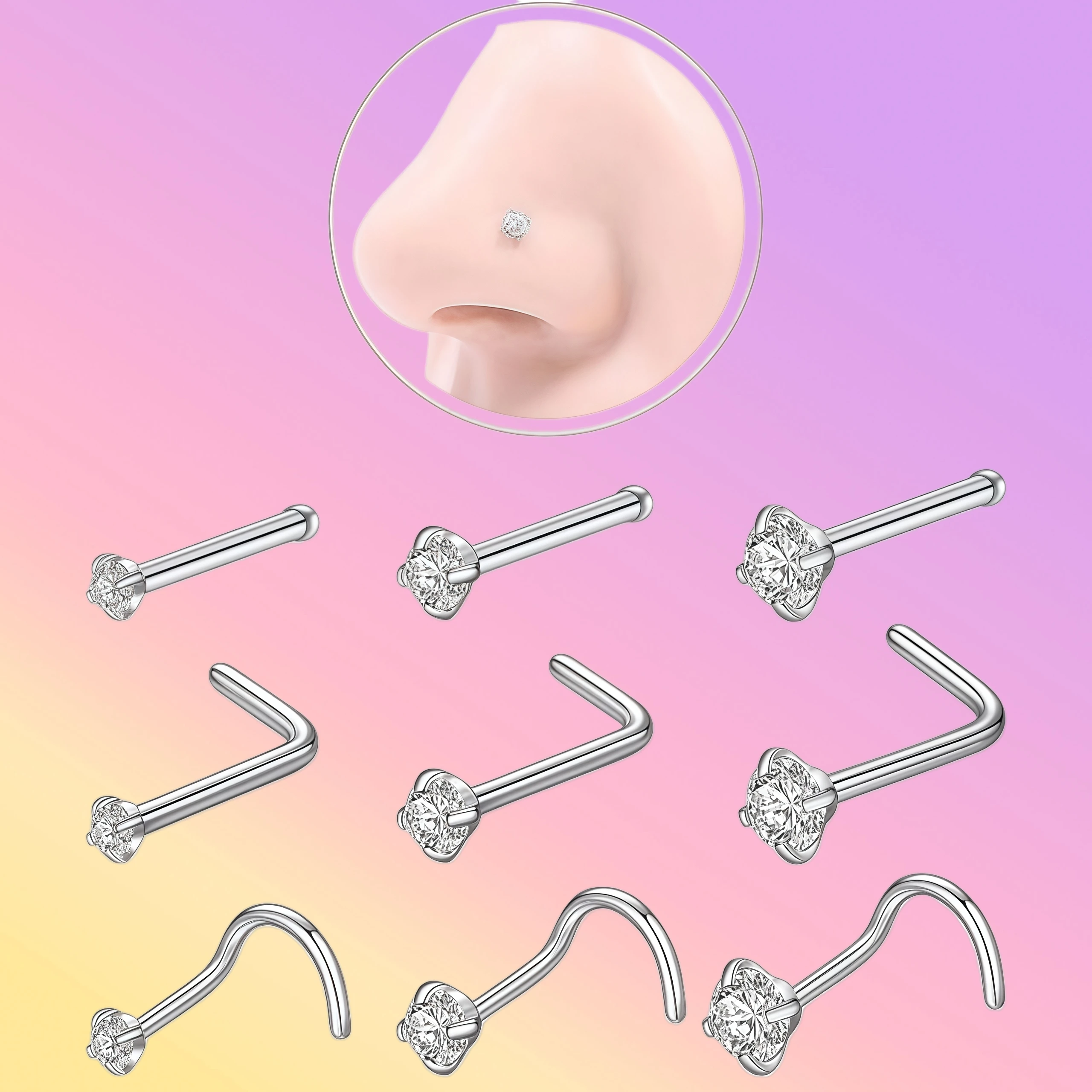 9pcs Nose Rings Hoop Nose Studs Sets for Women Men Hypoallergenic 316L Surgical Stainless Steel Hinged Clicker Segment