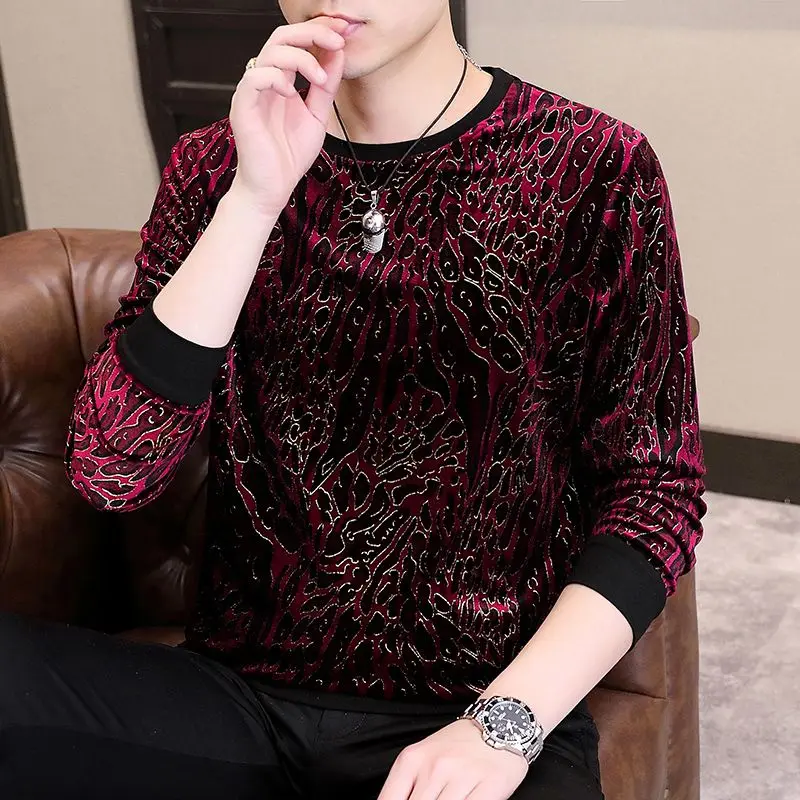 

Korean 2024 Autumn/winter Men's New Patchwork Pullover O-Neck Printed Fashion Slim Minimalist Casual Versatile Long Sleeved Tops