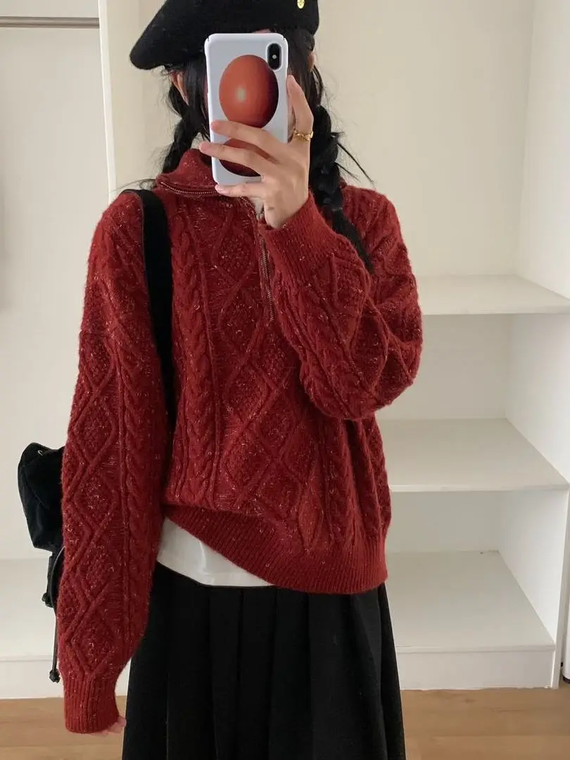 Luźny sweter z dzianiny z zamkiem błyskawicznym, wzór kwiatowy, oryginalny projekt, nowość na jesień, wygodny, z włókna poliestrowego, długi sweter damski...