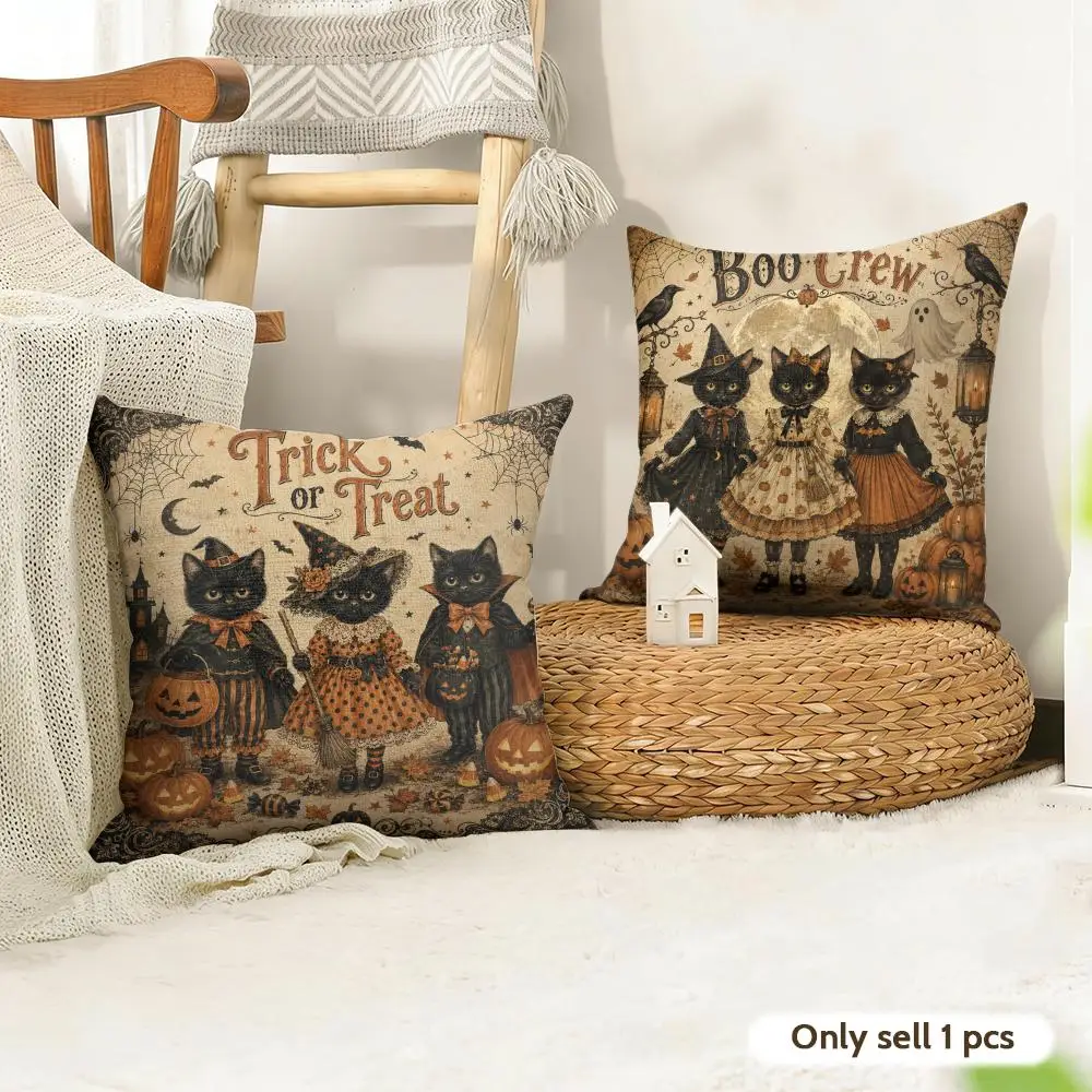 Vintage Halloween Cat Sisters Cushion Cover Linen Throw Soft Decorative  for Bed Sofa Car Home Decor Pillowcase 45x45cm