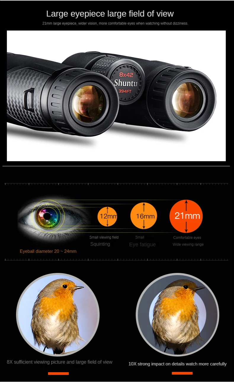 Shuntu Powerful ED Binoculars 8x42 10x42 Long Range IPX7 Waterproof Bak4 Prism SMC Optical Coating For Hunting Camping Travel