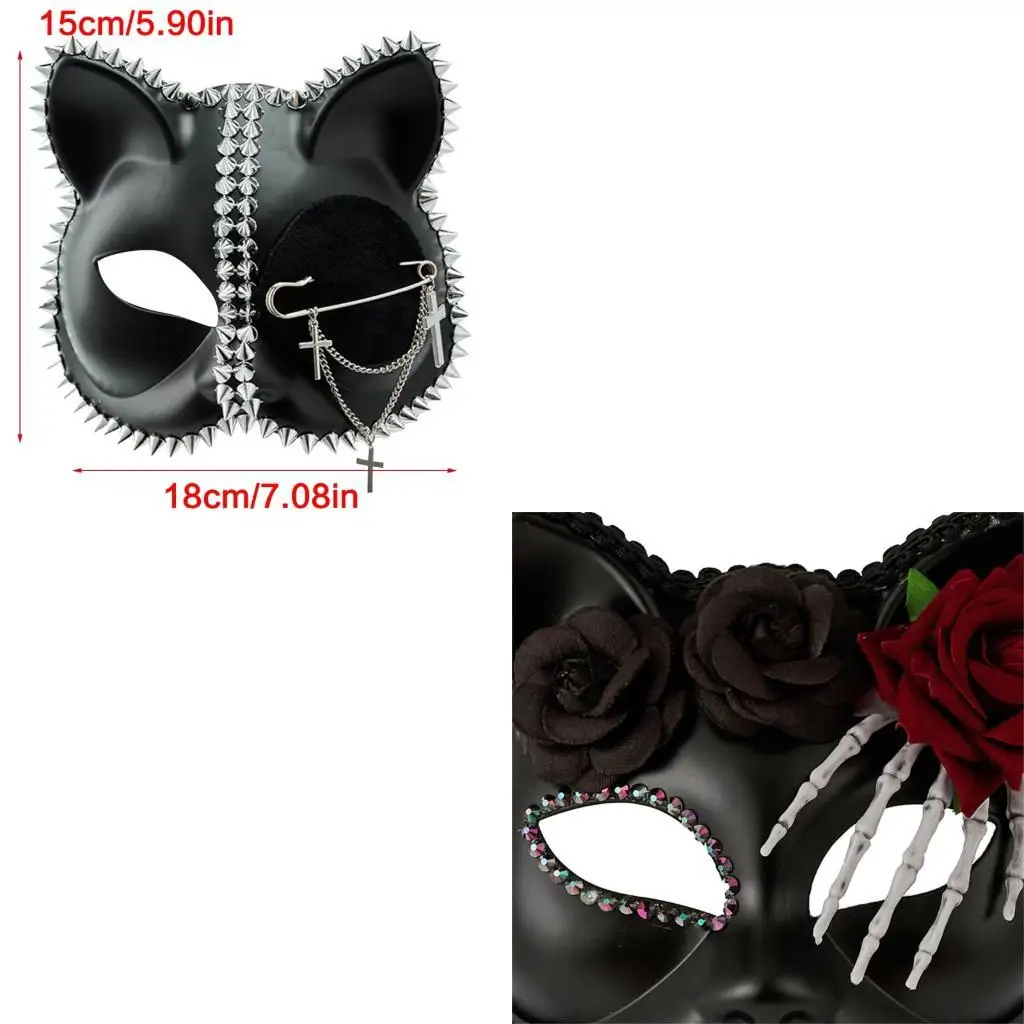 

652F Party Mask Masquerades Mask Floral Lace Foxes Cats Face Mask with Flower Tassels Veil Mardi Gras Mask for Halloween