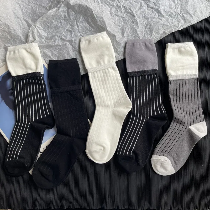 High Quality Designer Fashion For Women Cotton Socks Striped Janpanese  Harajuku Style Mid-Tude Comfortable Color Blocking Sox