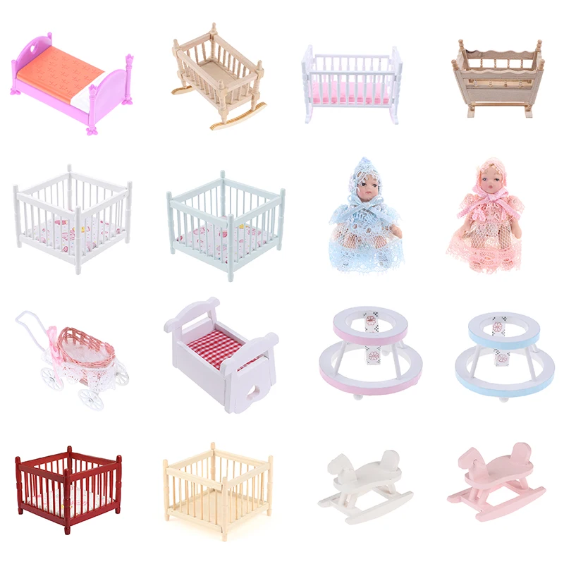 1:6 1:12 Dollhouse Miniature Baby Bed Wooden Cradle Nursery Room Bedroom Bed Baby carriage Baby Walker Furniture Model Toy