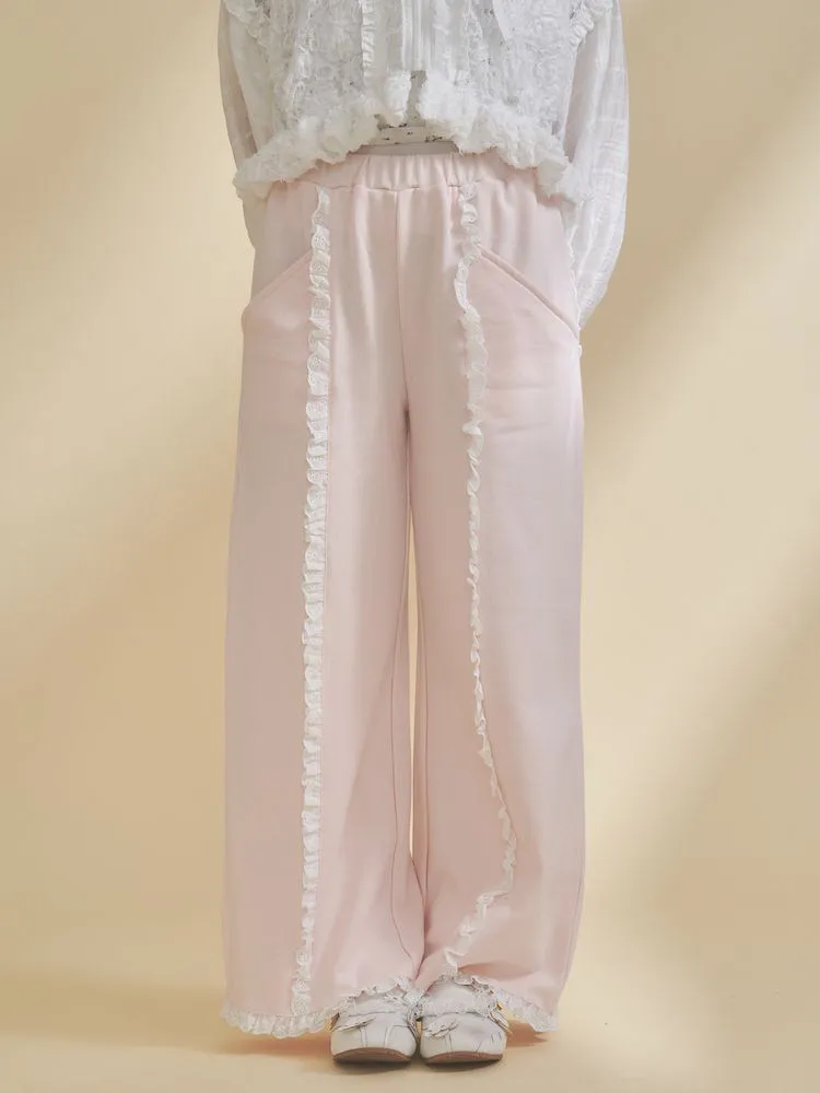 

Japanese Style Sweet Lace Ruffle Straight Leg Elastic Waist Sweatpants 2026 New Versatile Pants Solid Color Casual Trousers