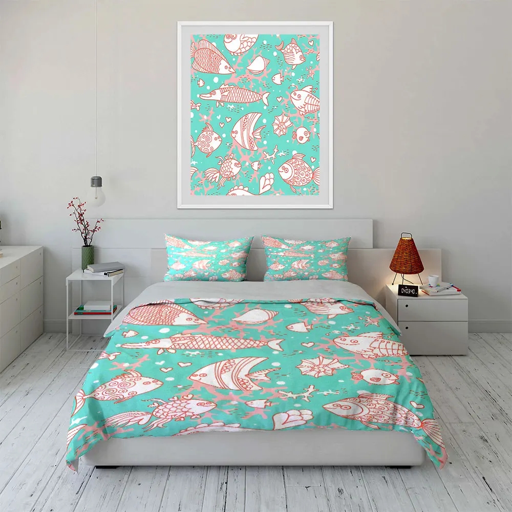 Cartoon hand-drawn marine life theme Bedding Set for Kids Luxury Gift 3pcs Digital Print Comforter Set Soft Comfortable