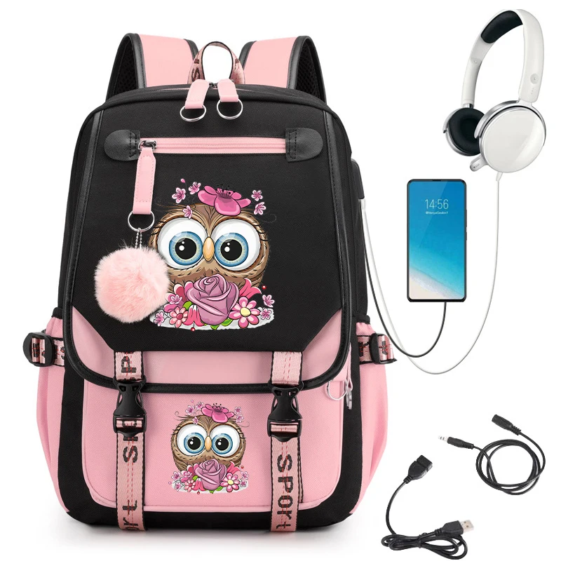 Coruja com Flower Print Mochila para Meninas, Sacos para Adolescentes, Cute Kawaii Bagpack, USB, Estudantes da Escola Primária, Bookbag