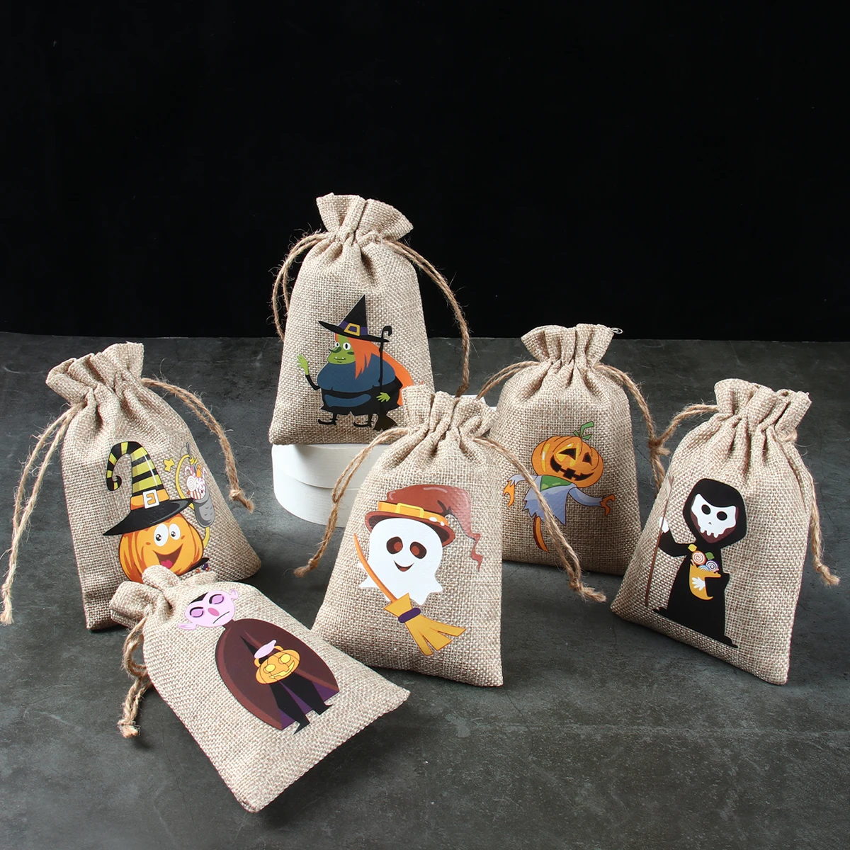 6pcs/lot White Khaki Drawstring Linen Pumpkin Ghost Witch Gift Bag Halloween Chrismas Party Wrapping Supplies Candy Storage Bag