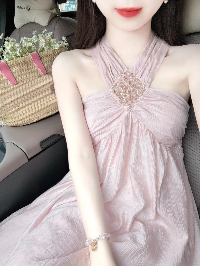 

French Sweet Diamond Hanging Neck Dress Women Sleeveless Shirring Solid Gentle Summer Celebrity Temperament Party Chic Wear New