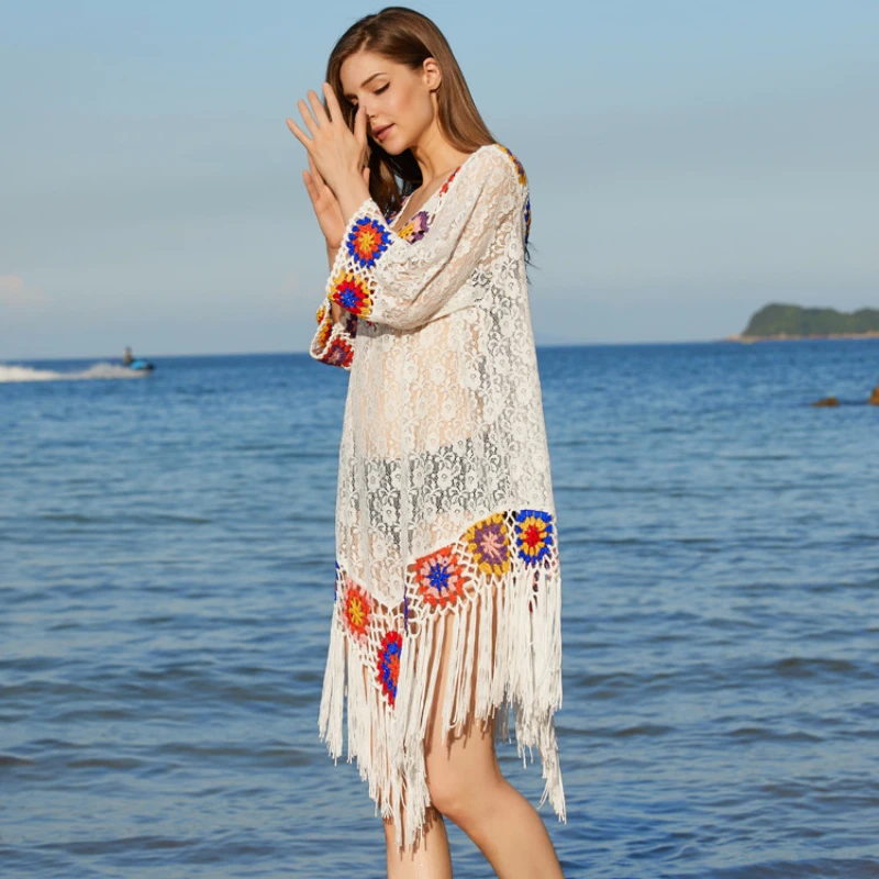 Wakacje plaża sukienka długie kobiety letnie Bikini Cover Up europa ciepła Patchwork kolorowe szydełka 3/4 rękaw pomponem Vestidos Mujer