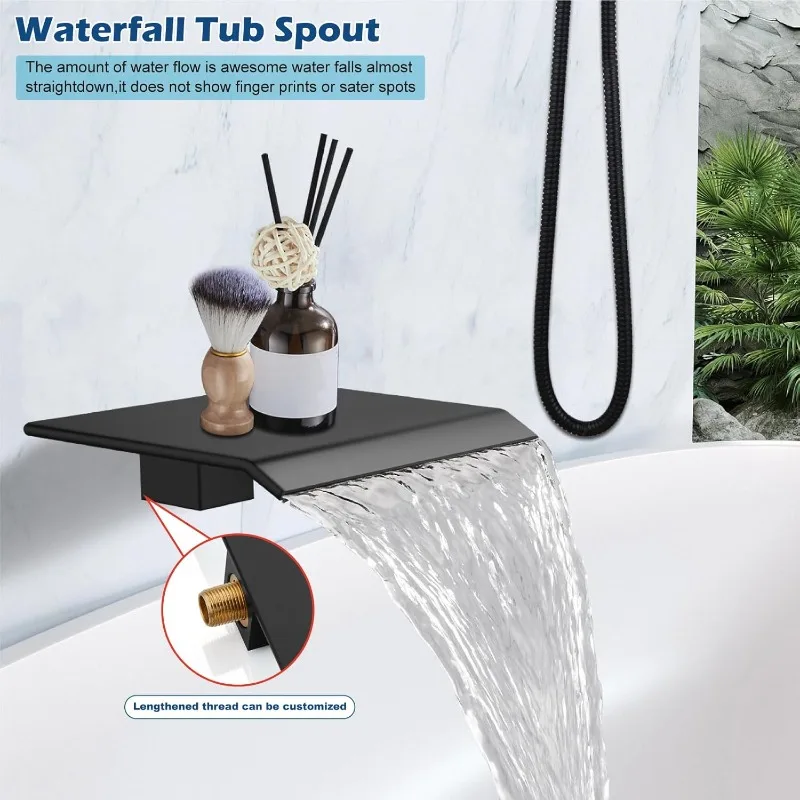 Rain Shower System Tub Shower Faucet Set Square Rainfall Shower Head with Handheld Sprayer and Waterfall Tub Spout Rough