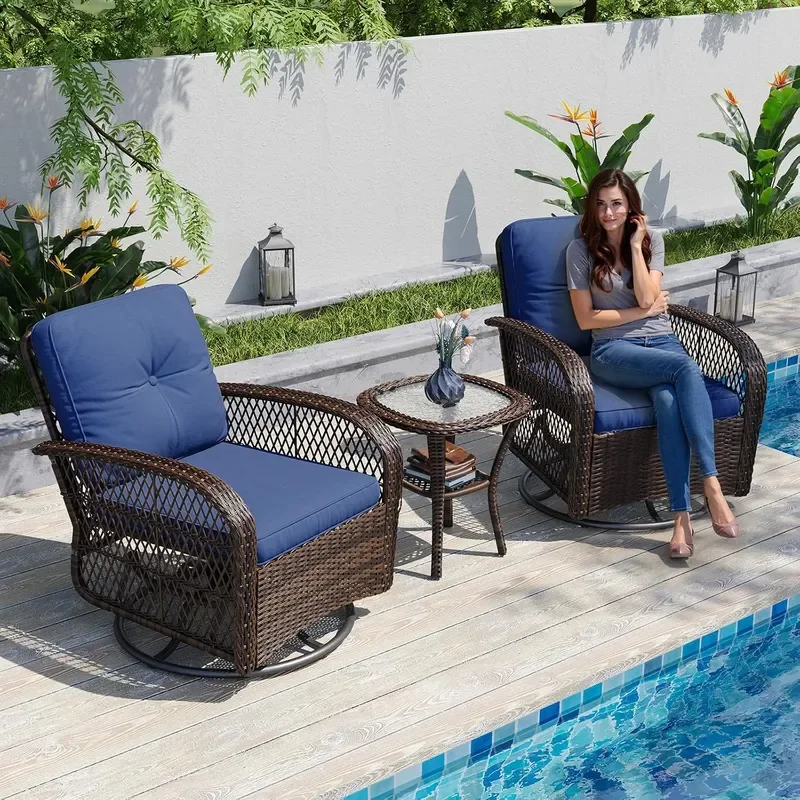 3 Pieces Patio Furniture Set Patio Swivel Rocker Chairs Set of 2 Wicker Outdoor Bistro Set with Rocking Chair Thickened