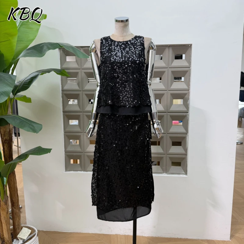 

KBQ Solid Spliced Sequins Two Piece Set Female O Neck Sleeveless Top Elegant Intellectual Women's Skirt Sets Summer Fashion New