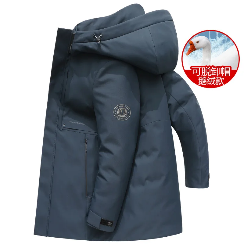 Mężczyzna płaszcz biały puch gęsi kurtka zimowa gruby Parkas Puffer topy średniej długości odzież wierzchnia zdejmowana nakrętka ciepły odkryty