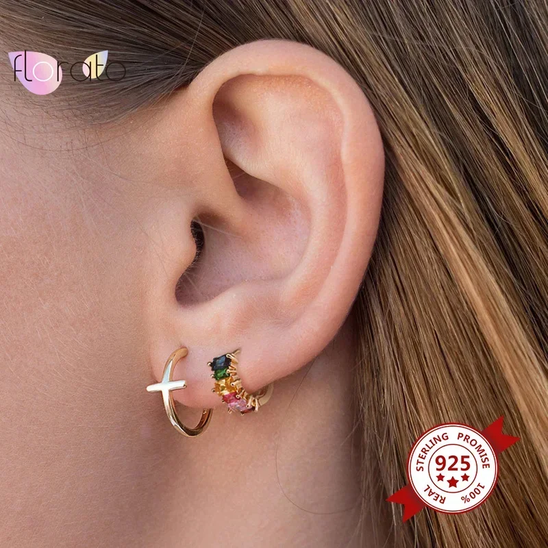 925 Sterling Silver Needle Delicacy Colorful Crystal Hoop Earrings for Women Charm Heart/Cross Pendant Earrings Wedding Jewelry