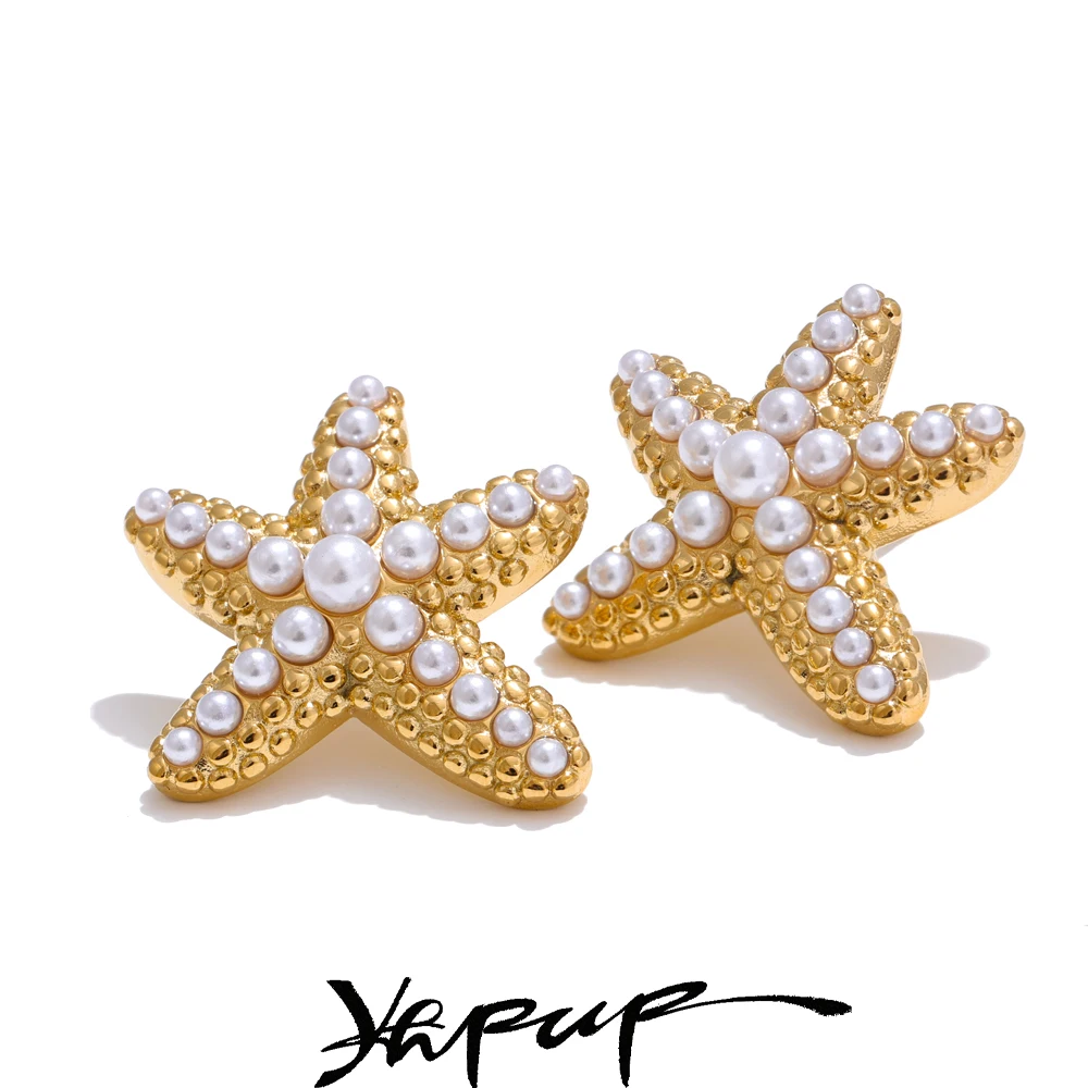 Yhpup Ocean Style Imitation Pearls Starfish Stud Earrings Stainless Steel Casting Exquisite Summer Holiday Beach Jewelry Gift