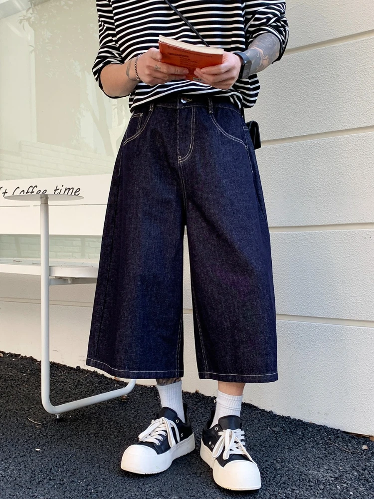 

Мужские летние темно-синие короткие джинсы, широкие джинсовые брюки, укороченные брюки в корейском стиле, уличная мода, повседневные свободные брюки