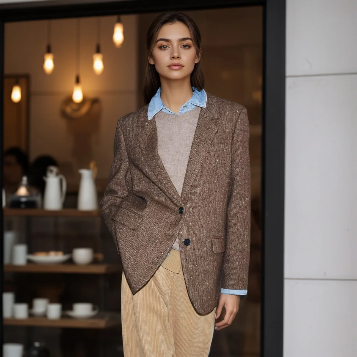 

Winter new women's clothing temperament slim fit lapel long sleeved single breasted herringbone diagonal suit jacket